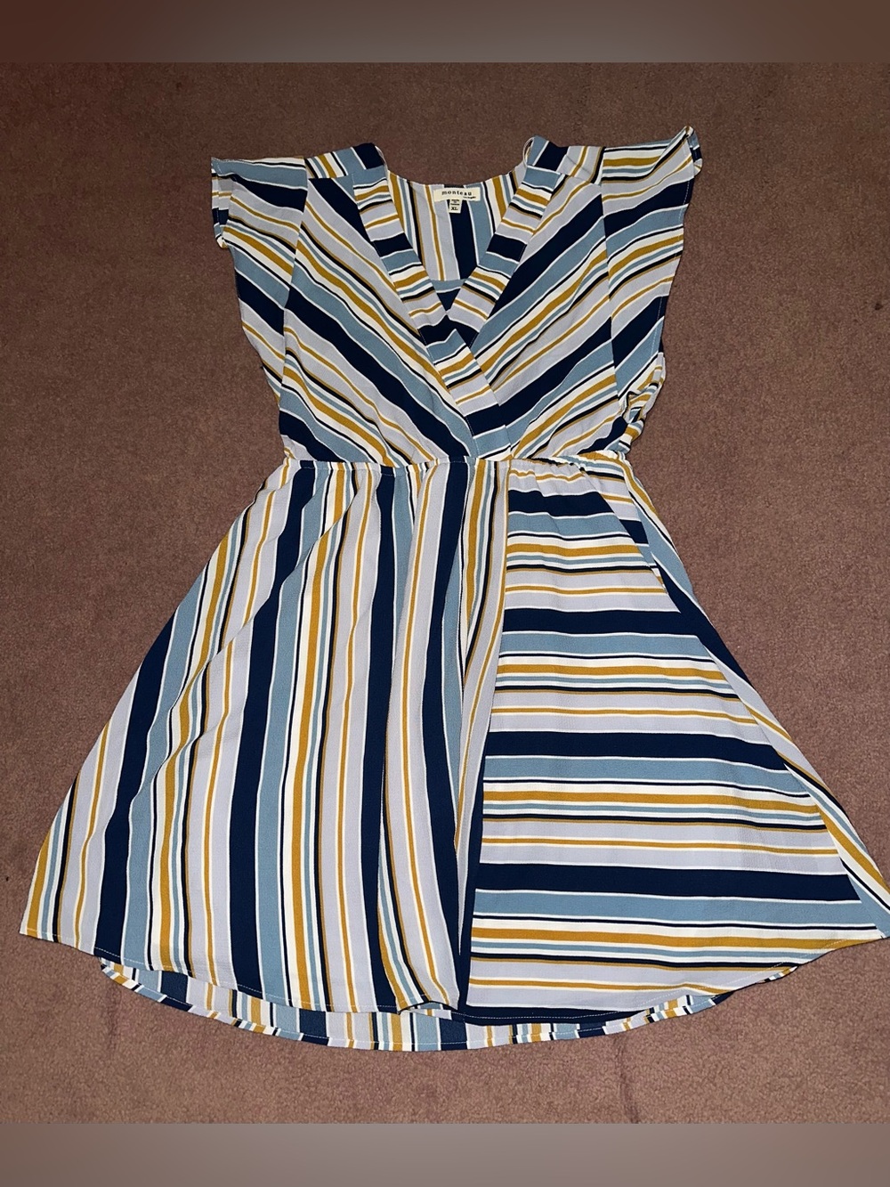 Monteau Navy, White & Mustard Striped Midi